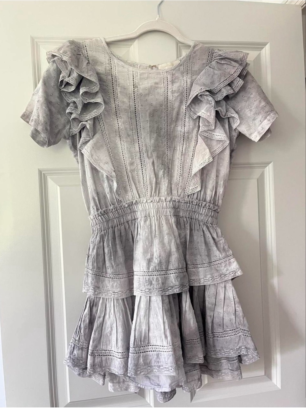 LoveShackFancy Light Gray Ruffled Mini Dress